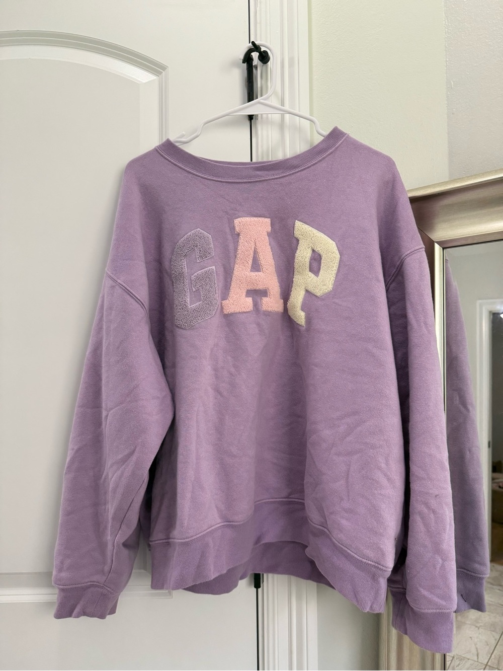 GAP Lavender Crewneck Sweatshirt with Pastel Chenille Letters